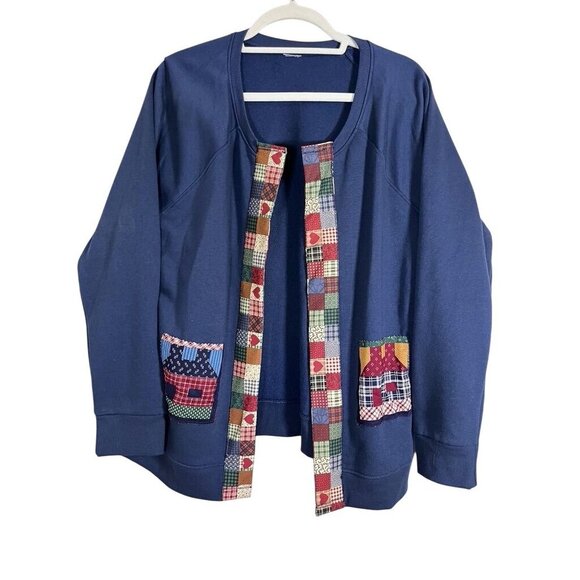 Patchwork Sweater 1X Blue Quilted Farmhouse Country Southern Prairie Rustic 80s - Picture 1 of 11